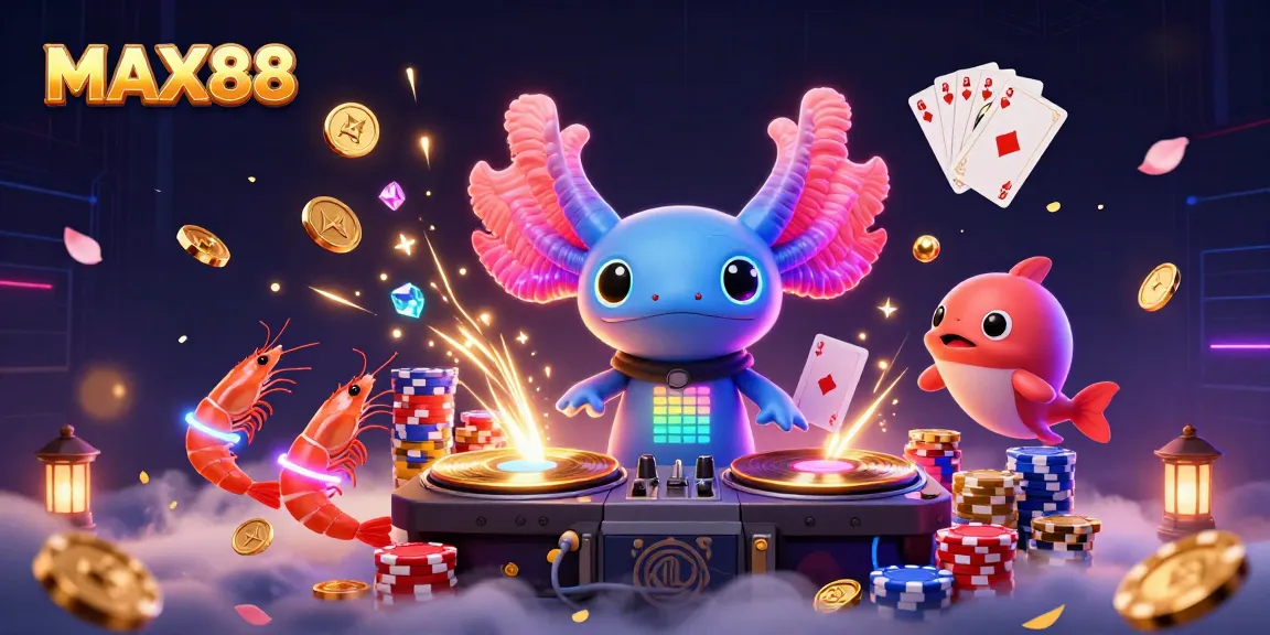Engage with MAX88 in a vibrant casino scene featuring a neon axolotl DJ and floating gems.