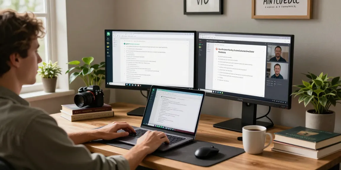 User interacting with WhatsApp電腦版 on a laptop in a modern home office, showcasing productivity tools and cozy workspace elements.