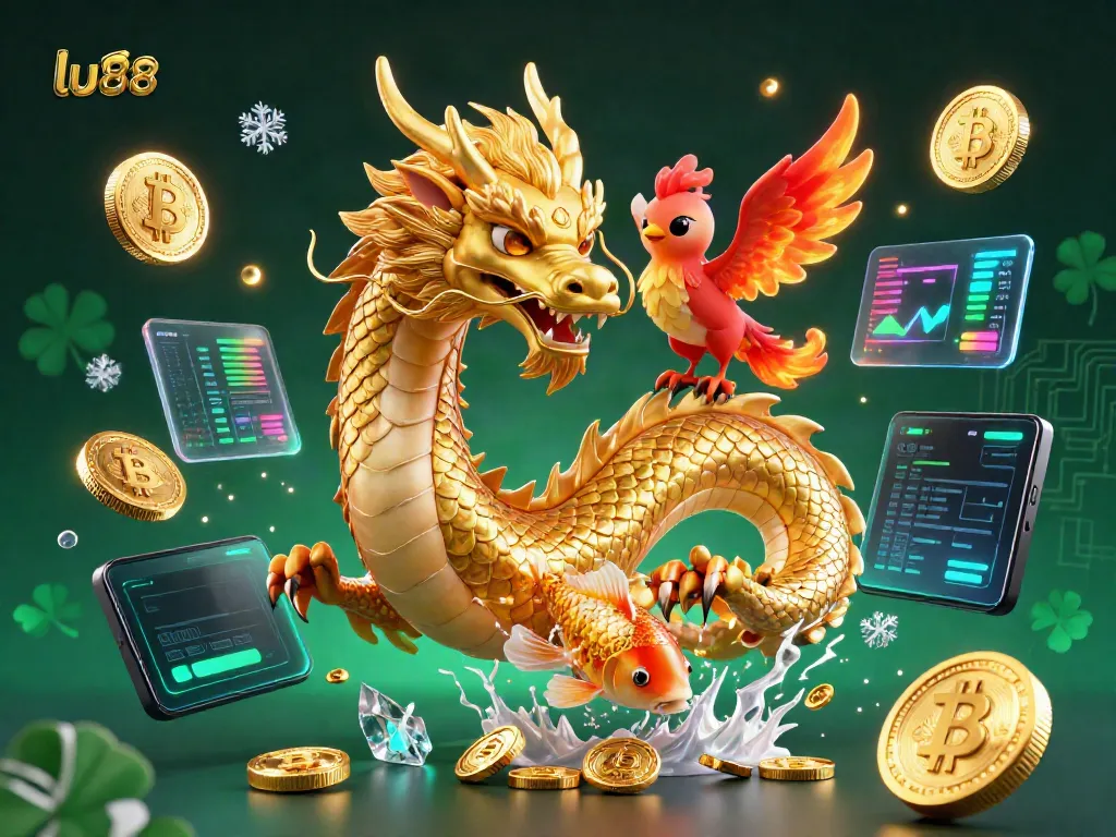 Experience thrilling victories at lu88 with a vibrant 3D scene featuring a golden dragon, phoenix, and koi fish amidst floating crypto elements.