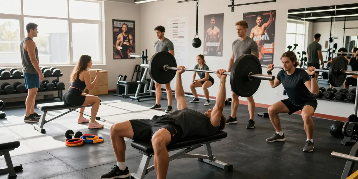 Actieve fitness gemeenschap in moderne sportschool met Prime Pharma Steroiden Winkel productgebruik en energieke sfeer.
