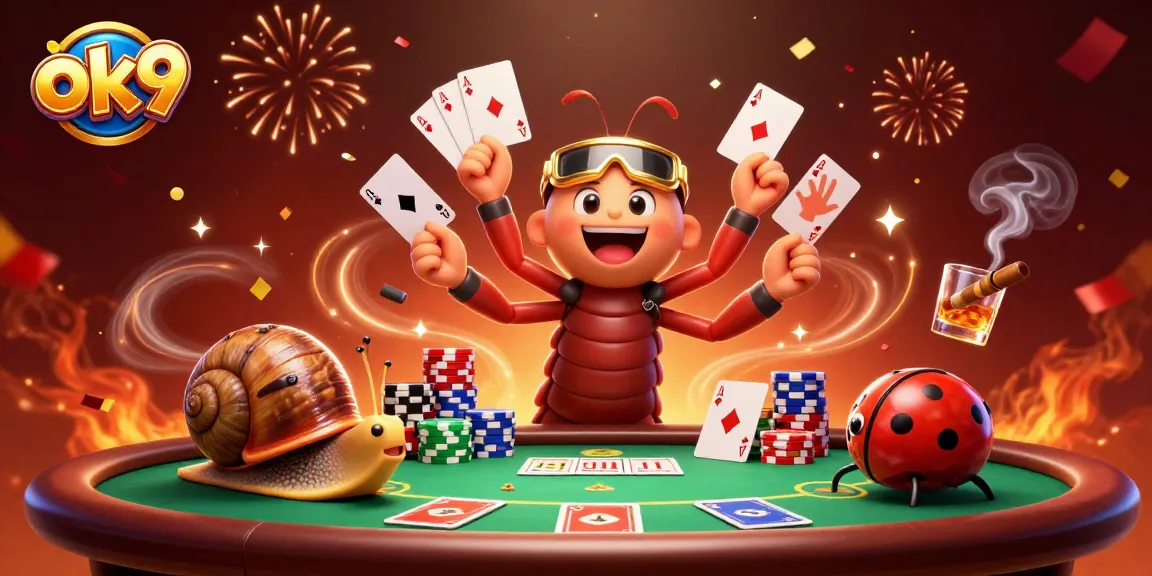 Experience thrilling games at ok9 with a vibrant casino scene of a millipede dealer and high-roller characters.