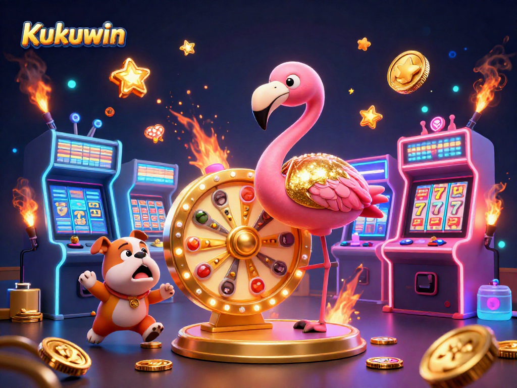 Kukuwin engages players with a thrilling 3D illustration of a game show host, bulldog contestant, and prize scoreboard.
