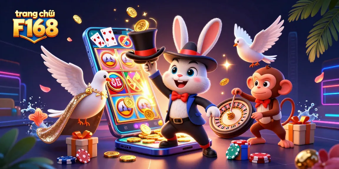 Engage with the magic at trang chủ F168, with animated characters showcasing casino excitement and vibrant game elements.