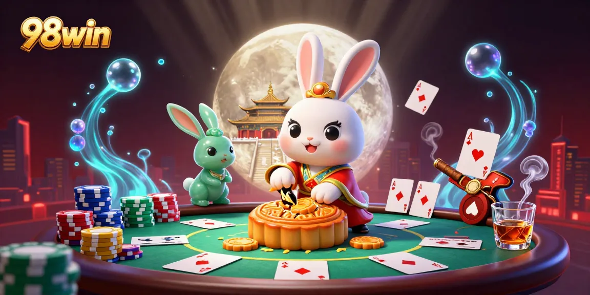 Experience poker action with 98win in a dynamic 3D illustration filled with casino elements.