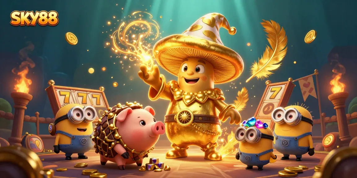 Win big with SKY88 illustrated in a magical casino scene filled with treasures and vibrant game elements.