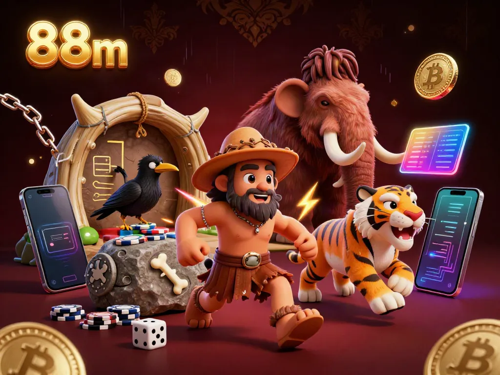 Engage in casino action with 88m at a colorful prehistoric gaming scene featuring playful characters.