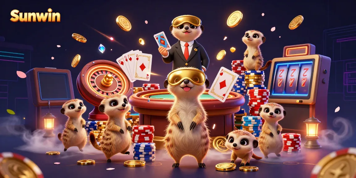 Sunwin meerkats running a vibrant casino, surrounded by coins and cards, showcasing dynamic action.