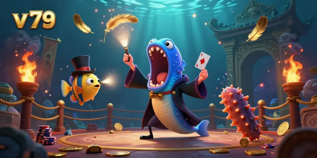 Immerse in v 79's vibrant casino magic with glowing eels and golden elements.