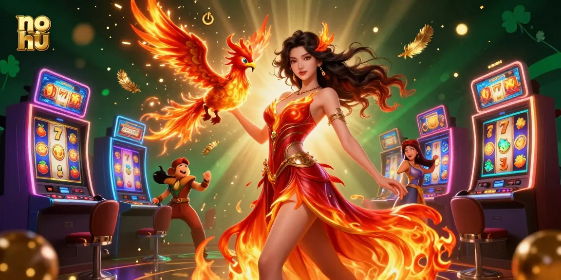 Engage in thrilling gameplay with no hu as a stunning woman in a fiery gown leads a dynamic casino illustration.