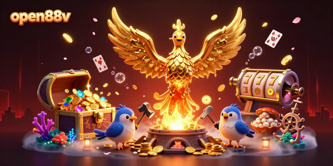 Experience the thrill of open88v with a golden phoenix and slot game elements in a vibrant scene.