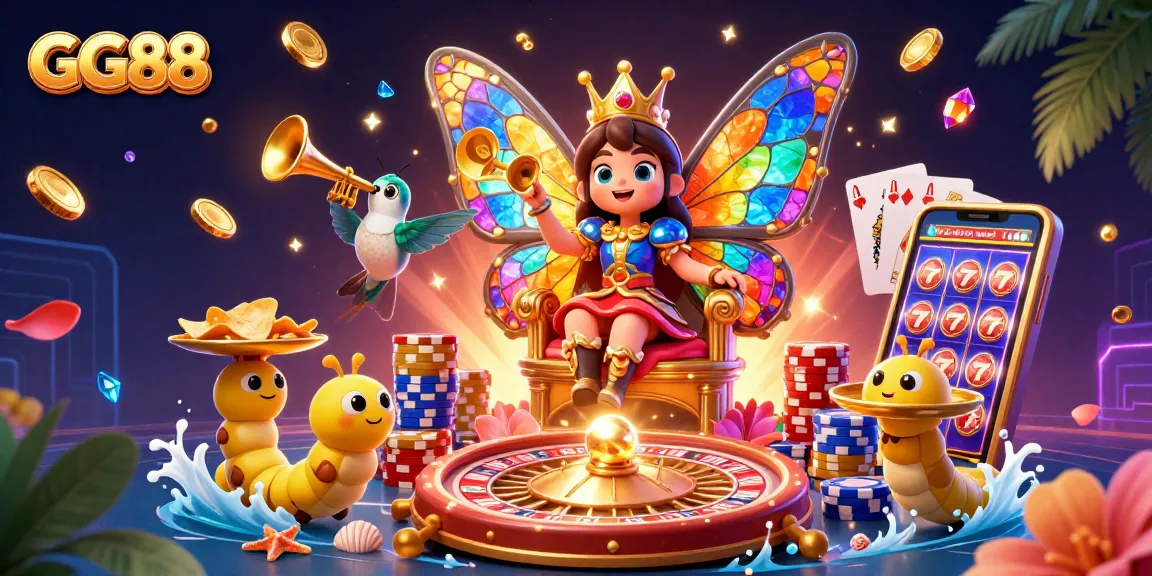 Engage with GG88's vibrant 3D casino world featuring colorful characters, chips, and game elements.