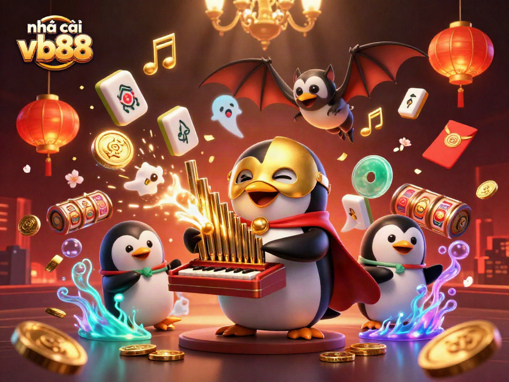 Engaging scene showcasing nhà cái vb88 with casino elements, including a penguin playing an organ and dynamic symbols.