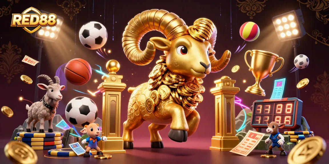 Engage with the exciting world of RED88, where a vibrant golden ram charges through a casino scene filled with dynamic sports elements.