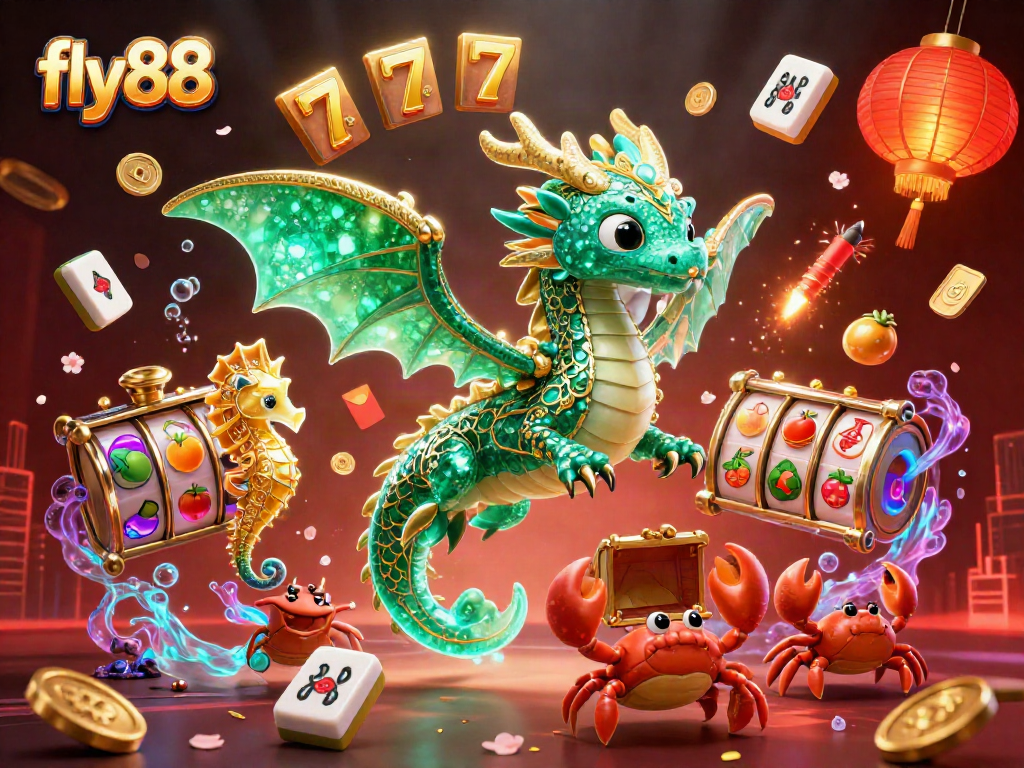 Experience thrilling adventures with fly88's vibrant casino world featuring slot reels, sea creatures, and treasures.