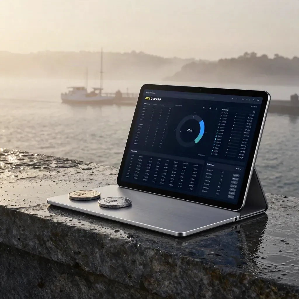 Glazen beursdashboard op natte steen met mistige haven en kleine marktaccessoires.