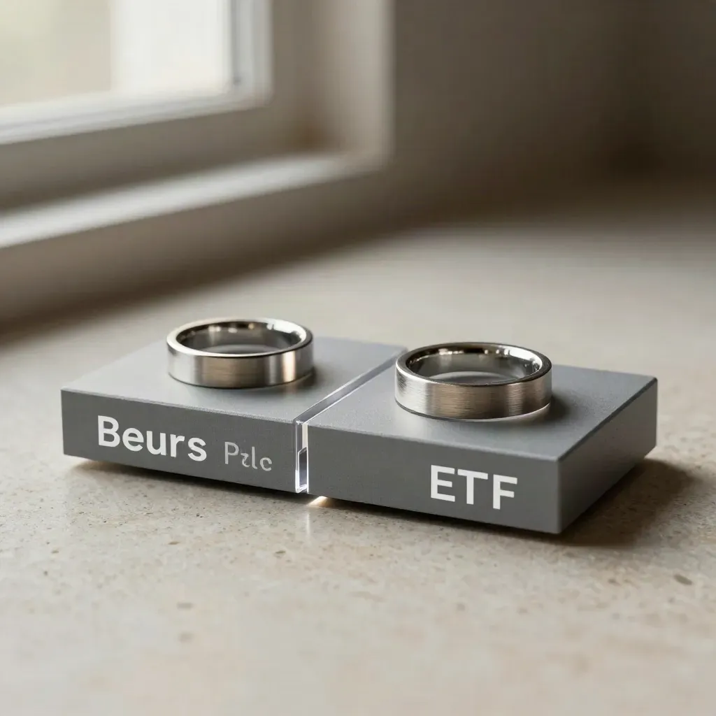 ETF-vergelijker in lichtgrijs, zwevend boven steen met acrylschotten en twee ringen.