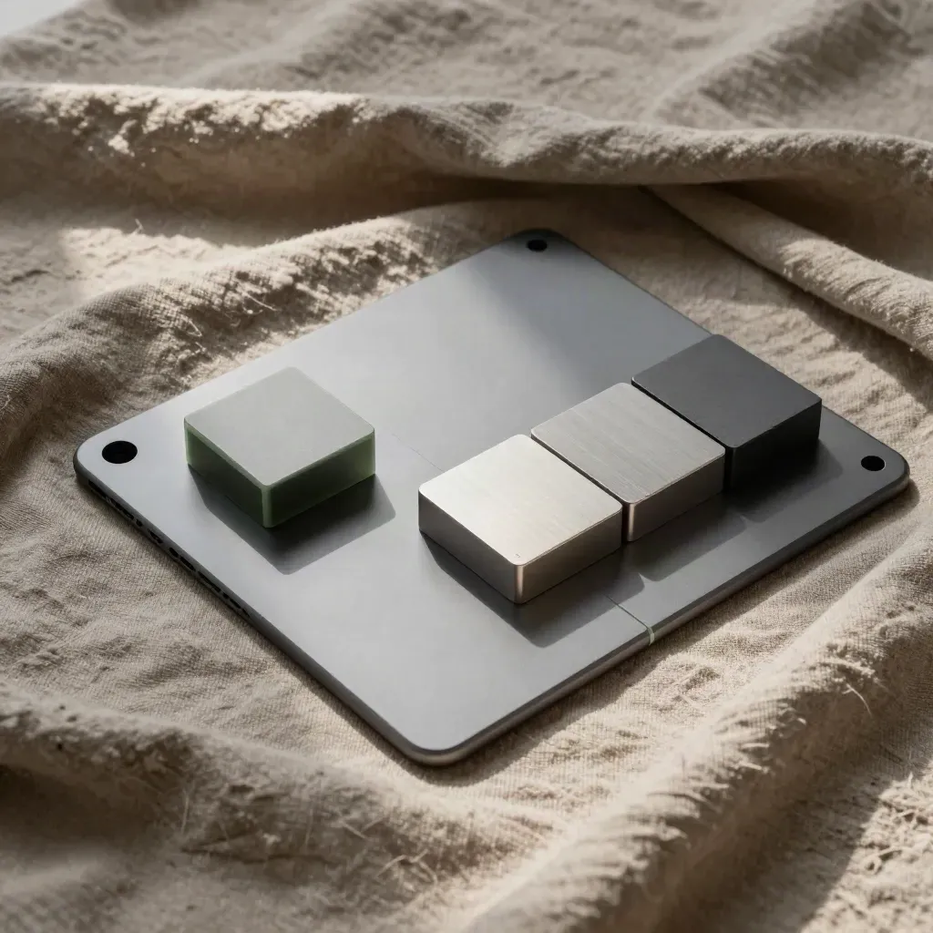 Bovenaanzicht van een grafiet tablet met kubus en sectorblokken op zacht linnen