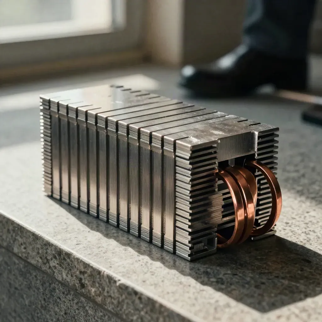 Close-up van metalen balkjes, koperen ringen en steen in zakelijke, technische stijl.