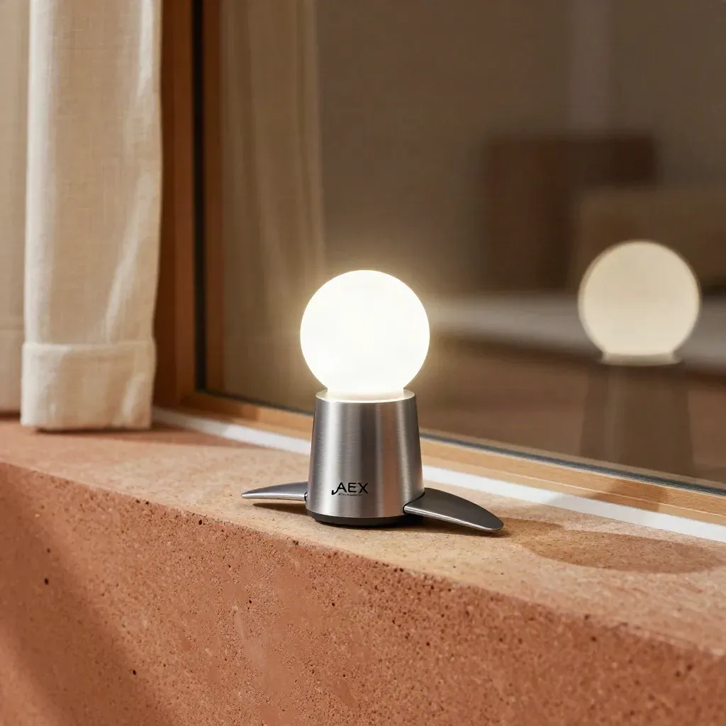 Koersalert-apparaat op travertin met lichtgevende orb en twee fins in zachte lichtsfeer