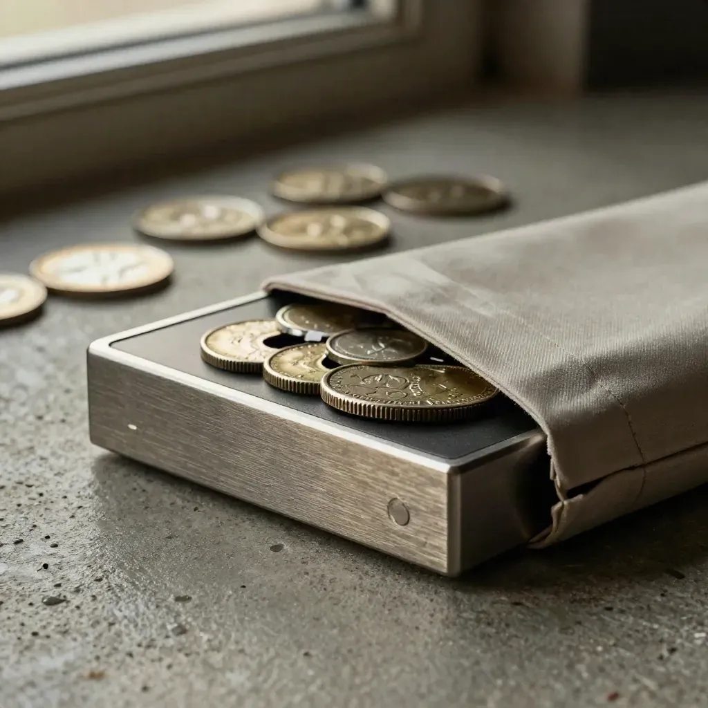 Brushed-metalen beleggingsmodule met muntachtige discs op ruw beton in zacht licht.