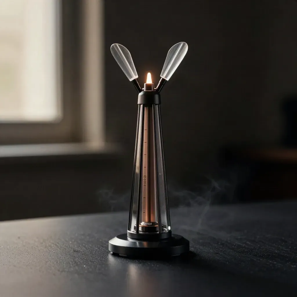 Donkere glazen IPO-toren met lichtgevende vinnen op een matte zwarte ondergrond.