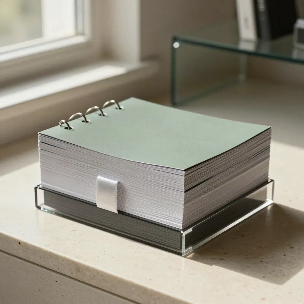 Compacte rapportstapel op travertin met acryl basis en metalen ring, in zachte studioverlichting.
