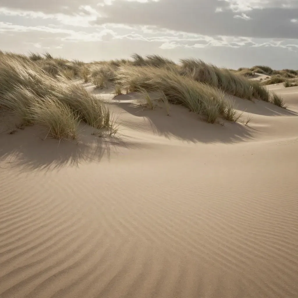 Windige duinrug met helmgras en zachte lucht, veel rustige ruimte onderin