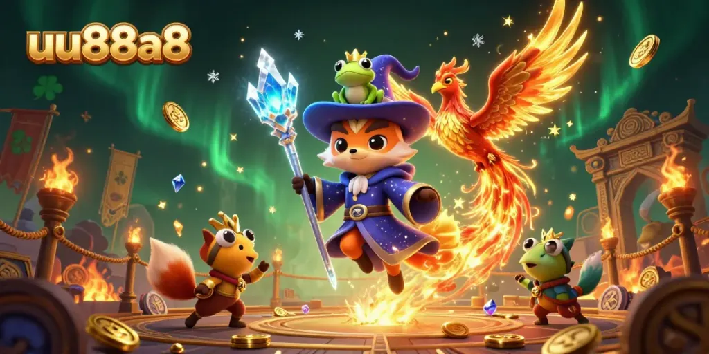 Join the magic of uu88a8 with a wizard fox and phoenix in an immersive 3D casino world.