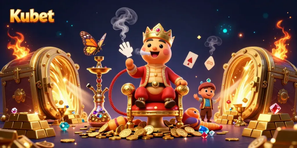 Kubet's gaming ambiance is showcased with a caterpillar hookah-master and treasures, enhancing the gambling experience.