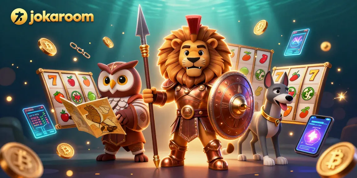Engage in thrilling online pokies with jokaroom's vibrant 3D casino illustration showcasing slot reels and gaming elements.