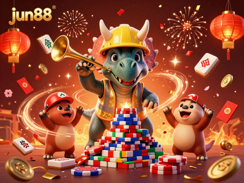 Experience gaming thrills at jun88 with animated characters celebrating wins amid vibrant casino elements.