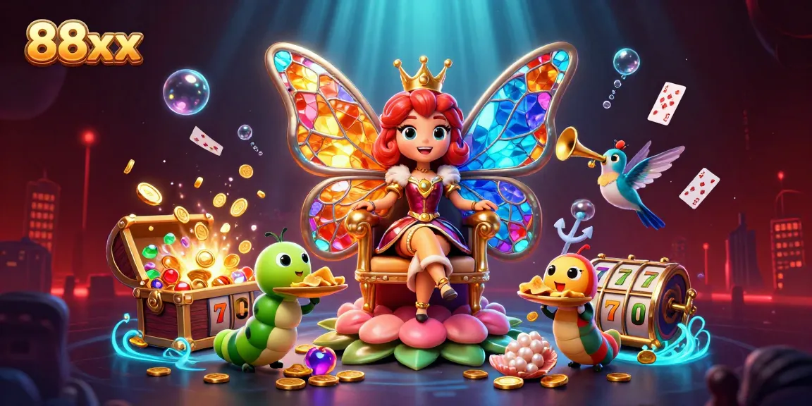 Engage with 88xx's vibrant casino theme featuring a butterfly queen amid gold coins and slot reels