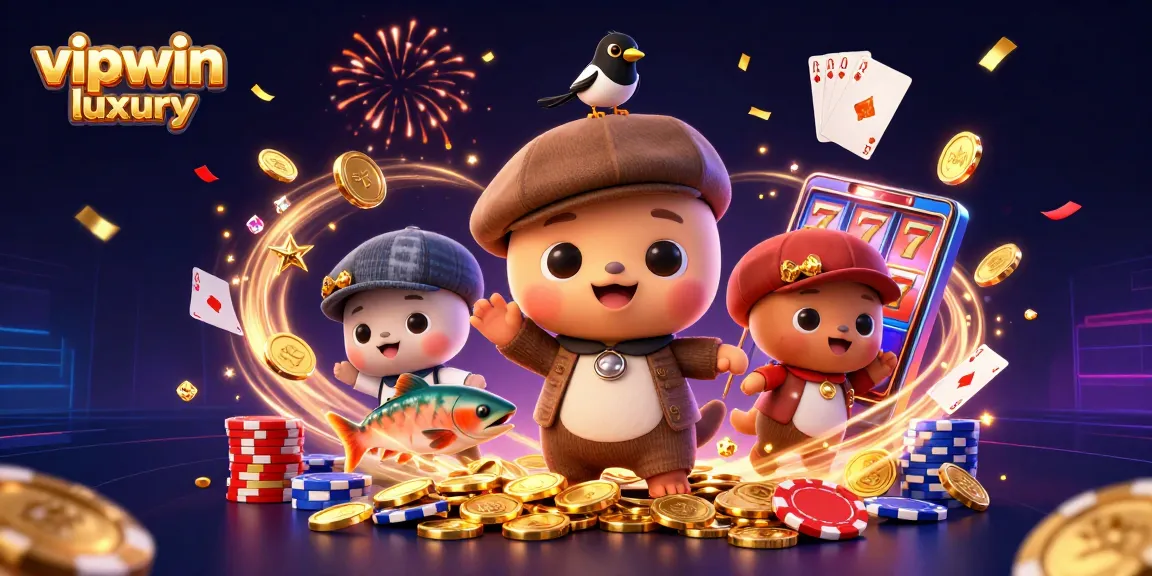 Experience thrilling wins with vipwin luxury in this vibrant casino illustration featuring enchanting characters and gaming elements.
