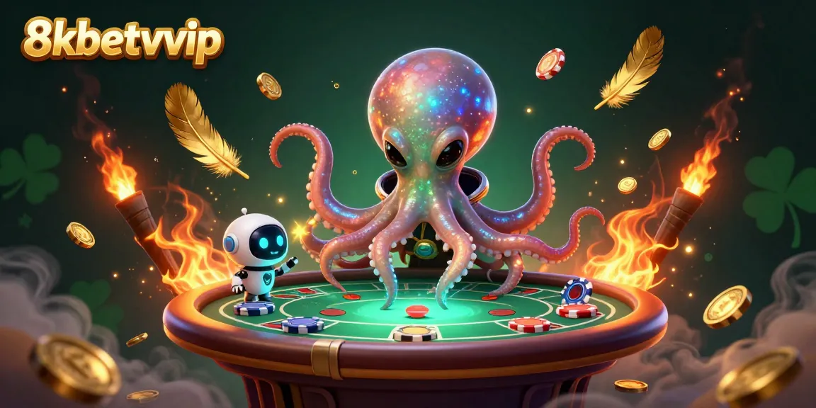 The alien octopus interacts with holographic poker elements in a vibrant 8kbetvvip casino scene.