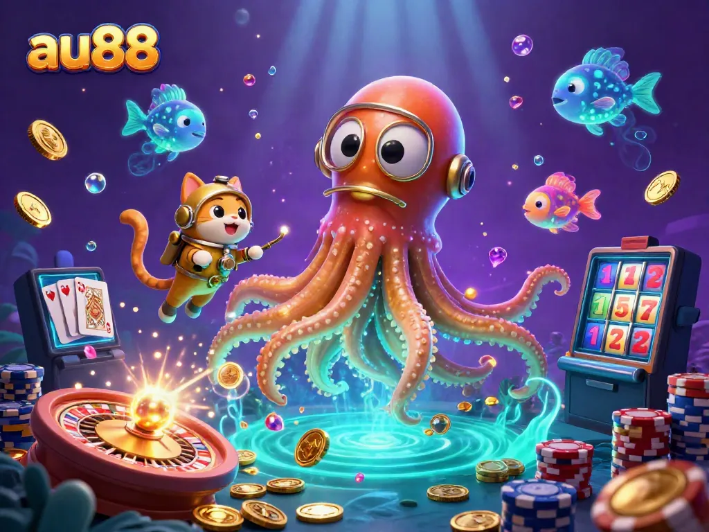 Experience thrilling gaming adventures at au88 with a 3D kraken and treasure-themed casino scene.