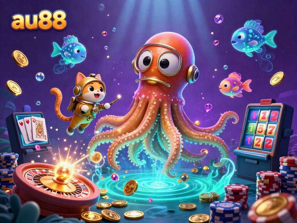 Experience thrilling gaming adventures at au88 with a 3D kraken and treasure-themed casino scene.