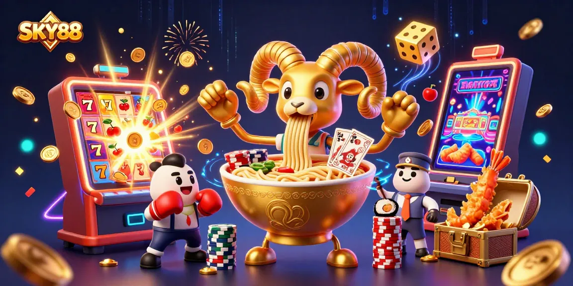 Experience exciting gaming adventures at SKY88 with dynamic characters and vibrant casino elements.