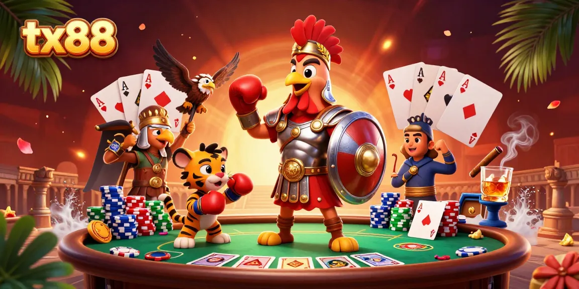Experience the thrilling tx88 poker scene with a gladiator rooster, tiger cub, and classic elements.