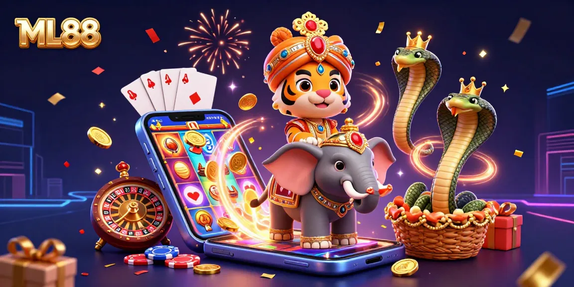 Experience the excitement of ML88 casino games with a vibrant 3D illustration featuring a majestic elephant and treasure.