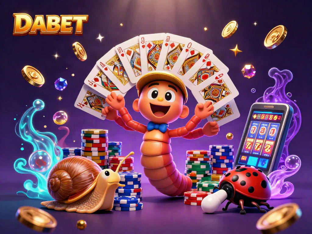 DABET transforms gaming excitement with a millipede dealer, high-roller snail, and pill bug in a dynamic casino scene.