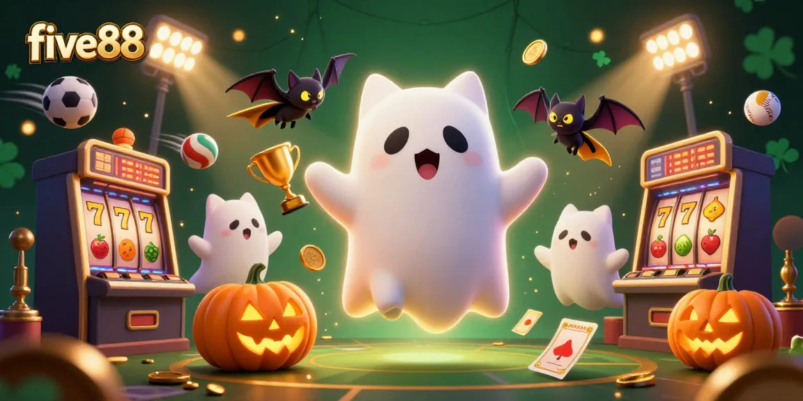 Experience thrilling wins at five88 with a ghost cat and spooky jackpot elements in this vibrant casino scene.