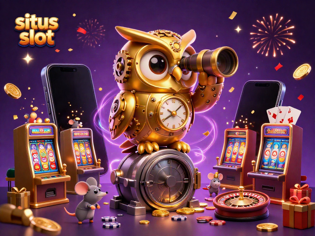 Engage with exhilarating situs slot gameplay featuring a golden owl overseeing a vibrant casino scene.