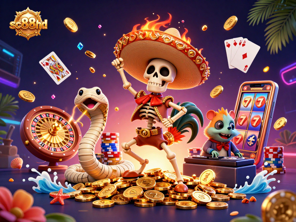Engage with sc88hd as a skeleton mariachi rooster celebrates among golden coins and casino elements.