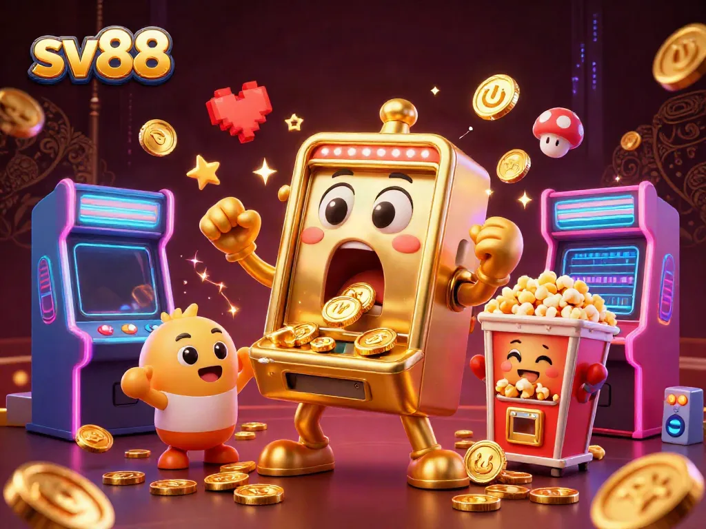Experience thrilling moments with sv88 as the golden slot machine hits a jackpot showering coins.