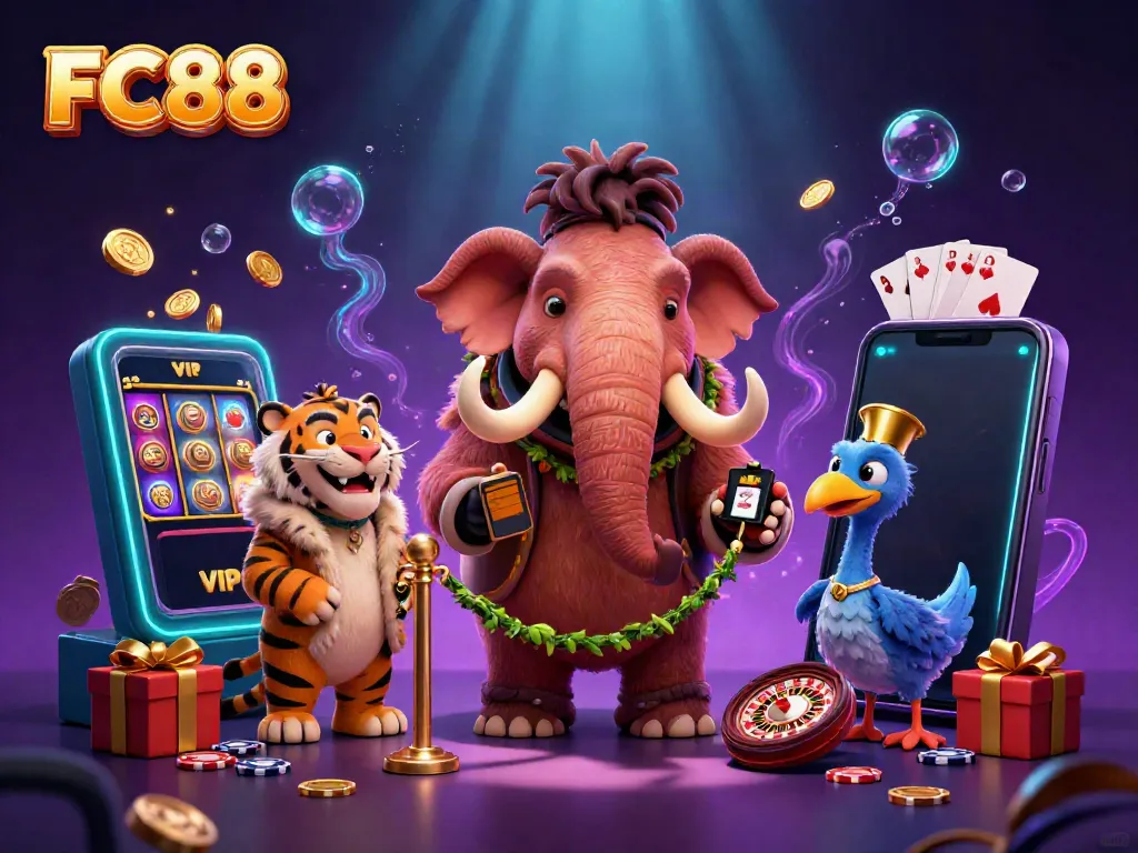 Experience the exciting world of FC88 with a cartoon bouncer, VIP tiger, and dodo doorman amid lively casino elements.