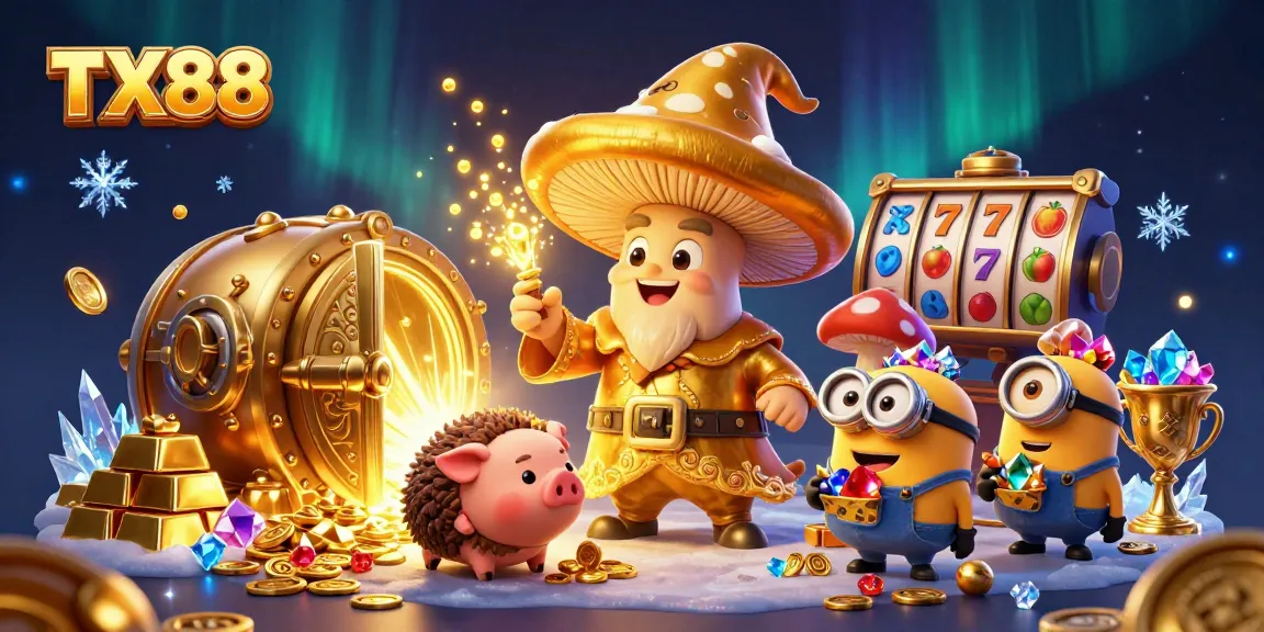 TX88 spins the reels with a magical 3D illustration of a golden mushroom wizard uncovering treasures.