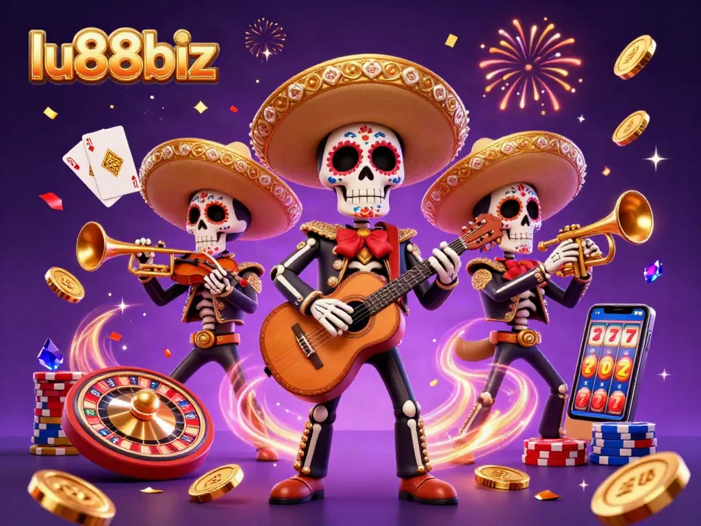 Engage with exciting casino fun at lu88biz with three musical skeletons celebrating good fortunes.