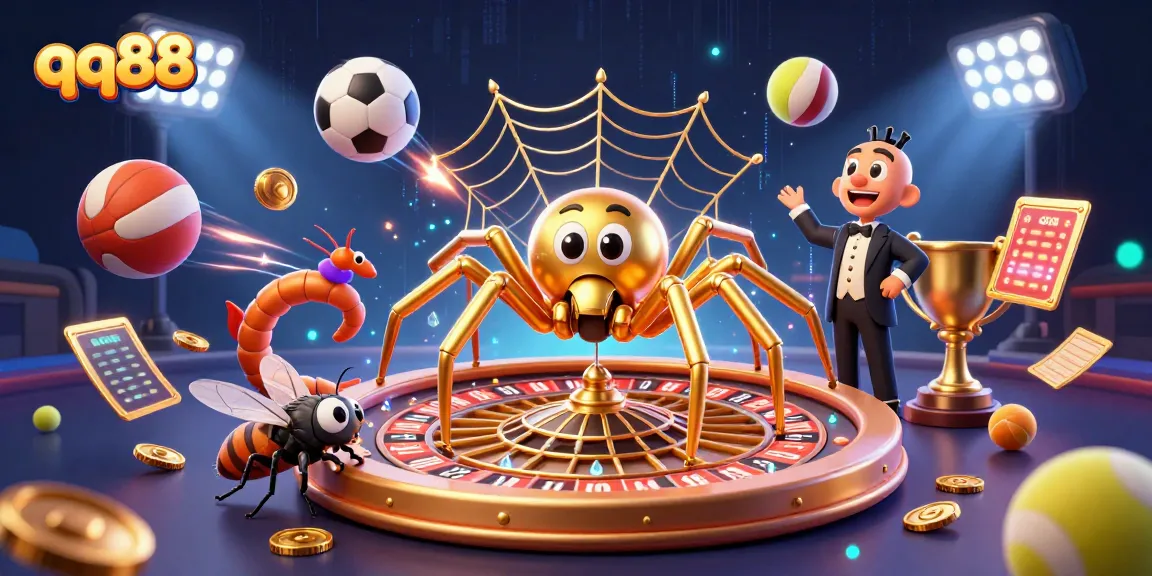 qq88 showcases a vibrant 3D scene with cartoon characters and sports elements for an exciting betting experience.