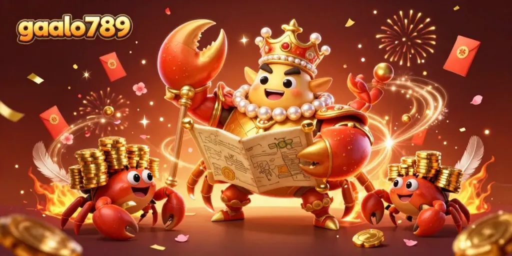 Engage in thrilling cockfighting action with gaalo789, featuring a golden crab emperor surrounded by vibrant celebration elements.
