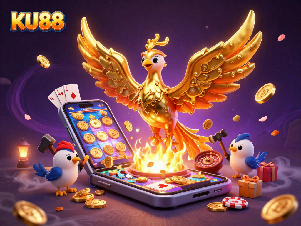 Engage with KU88's vivid golden phoenix and vibrant casino elements in a thrilling 3D scene.